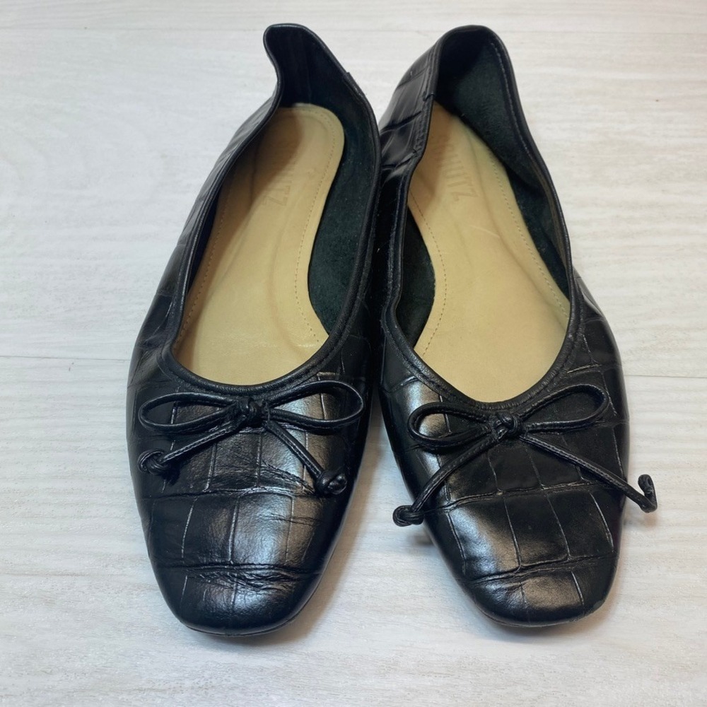 Schutz Womens 5.5B Ballet Flat Arissa Black Croc Embossed Leather Square Toe Bow